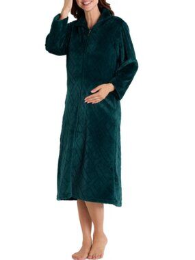 Miss Elaine Women's Long Zip-Front Fleece Robe Deep Emerald Size XL 21140